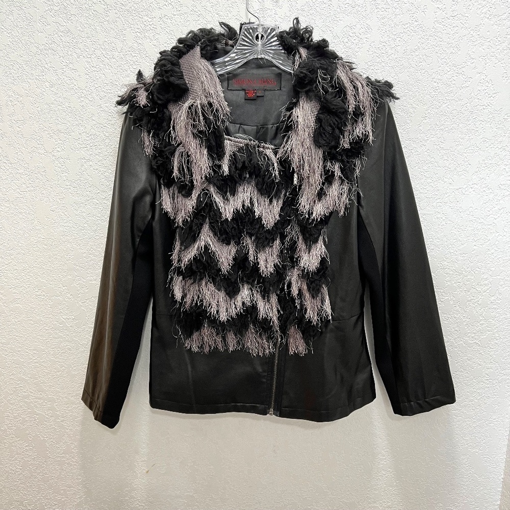 *FIRM PRICE* Simon Chang Moto Style Faux Leather and Feathery Detailed Jacket